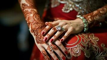 elegante sposa alcanna adornare mano e bellezza foto