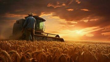 contadino Lavorando all'aperto raccolta Grano a tramonto foto