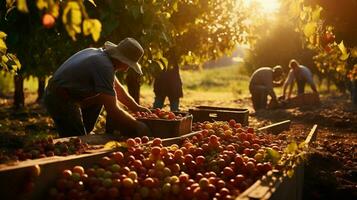 agricoltori raccolta fresco frutta nel il autunno luce del sole calore foto