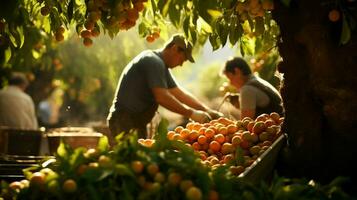 agricoltori raccolta fresco frutta nel il autunno luce del sole calore foto