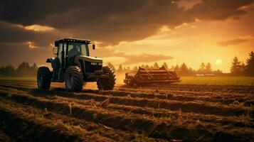 contadino aratri campo con pesante macchinari nel luce del sole foto