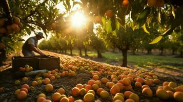 agricoltori raccolta fresco frutta nel il autunno luce del sole calore foto