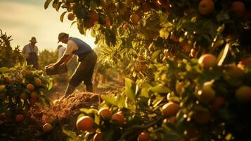 agricoltori raccolta fresco frutta nel il autunno luce del sole calore foto