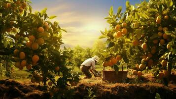 agricoltori raccolta fresco frutta nel il autunno luce del sole calore foto