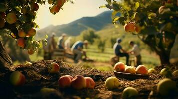 agricoltori raccolta fresco frutta nel il autunno luce del sole calore foto