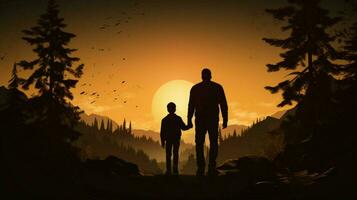 padre e figlio in piedi nel natura silhouette foto