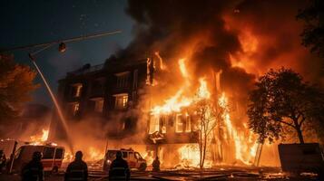 fiamme Engulfed il ardente edificio i vigili del fuoco lavorato foto