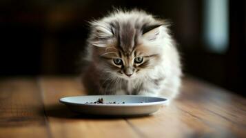 soffice gattino mangiare a partire dal piattino su di legno tavolo in casa foto