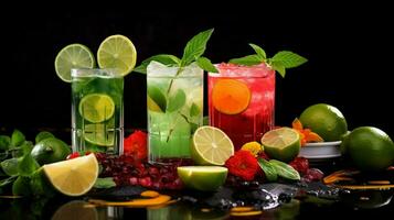 fresco cocktail con lime e frutta su tavolo foto
