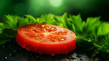 fresco maturo pomodoro fetta su verde foglia un' buongustaio estate foto