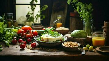 fresco vegetariano pasto su rustico di legno tavolo salutare mangiare foto