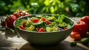 fresco vegetariano insalata ciotola con biologico verde verdure foto