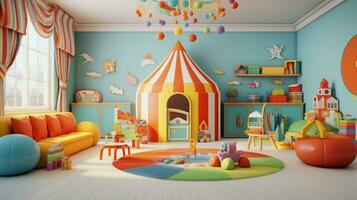 divertimento colorato stanza dei giochi con giocattoli e decorazioni foto