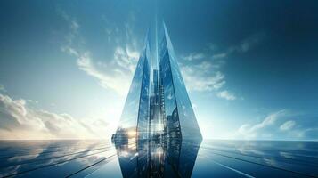 futuristico grattacielo con moderno bicchiere facciata riflette foto