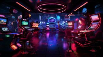 futuristico video gioco attrezzatura illuminato nel discoteca foto