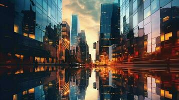 bicchiere grattacieli riflettere città vita a crepuscolo foto