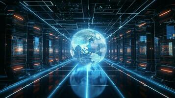 globale comunicazione attrezzatura nel futuristico server camera foto
