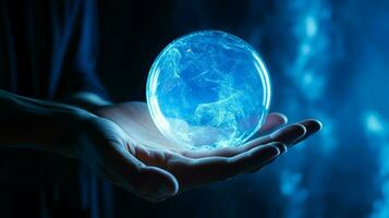 raggiante blu sfera tenuto di umano mano foto