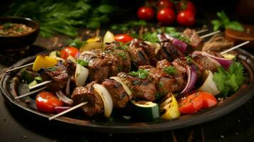 buongustaio grigliato carne spiedini con fresco verdure foto