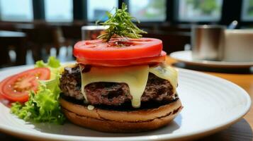 grigliato Manzo hamburger con fresco pomodoro e formaggio foto