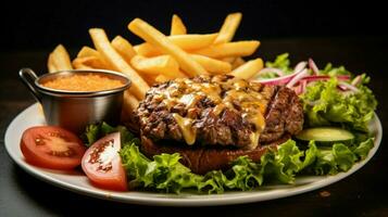 grigliato hamburger al formaggio pasto con patatine fritte e insalata foto