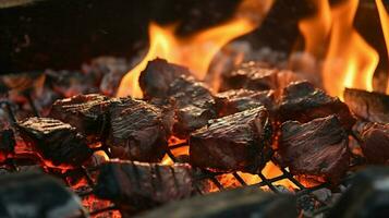 grigliato carne su fuoco naturale calore barbecue carbone vicino su foto