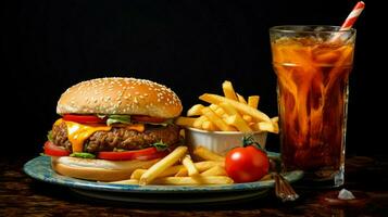 Hamburger con francese patatine fritte e bibita bevanda foto