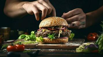 mano prepara fatti in casa hamburger su rustico di legno tavolo foto