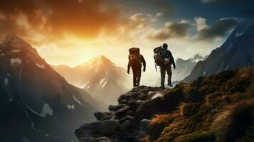 salutare uomini escursioni a piedi montagna picco per avventura foto
