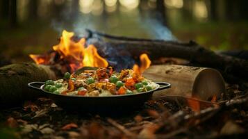 salutare vegetariano pasto cucinato all'aperto su legna fiamma foto