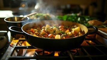 salutare vegetariano stufato cucinando su stufa superiore nel fatti in casa foto