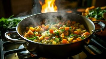 salutare vegetariano stufato cucinando su stufa superiore nel fatti in casa foto