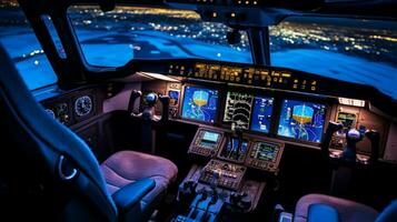 alto Tech cabina di pilotaggio attrezzatura si illumina notte aereo foto