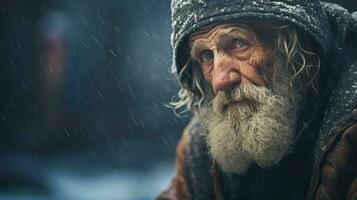 senza casa anziano uomo sembra triste nel inverno solitudine foto