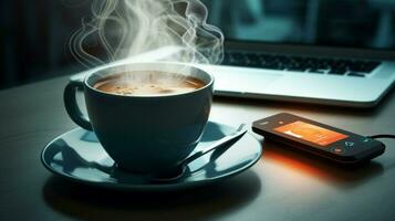 caldo caffè su moderno scrivania senza fili tecnologia foto