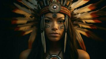 indigeno donna con copricapo trasuda fiducia foto