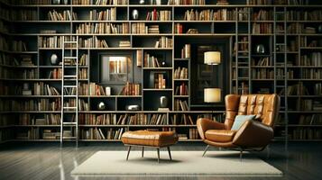 interno biblioteca con moderno scaffale confortevole poltrona foto