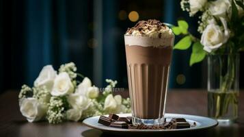 indulgente cioccolato frappè su elegante tavolo arredamento foto