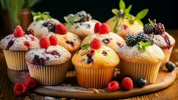 indulgente fatti in casa buongustaio muffin con fresco bacca foto