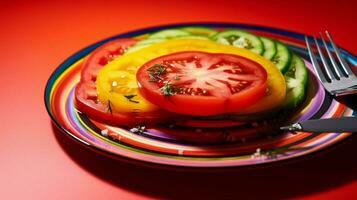 succoso maturo pomodoro fetta su vivace Multi colorato insalata foto