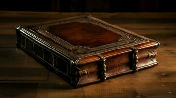 pelle limite antico Bibbia chiuso su di legno tavolo foto