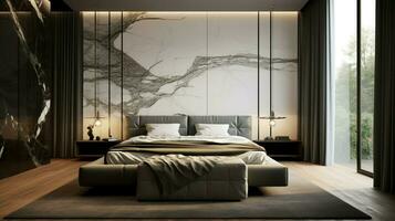 lussuoso moderno Camera da letto con confortevole biancheria da letto foto