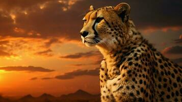 maestoso ghepardo fissando in il tramonto bellezza foto