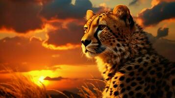 maestoso ghepardo fissando in il tramonto bellezza foto