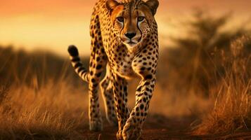 maestoso ghepardo a piedi nel africano natura selvaggia a crepuscolo foto