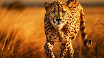 maestoso ghepardo a piedi nel il savana vigilanza nel suo foto