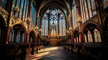 maestoso Gotico cappella con macchiato bicchiere finestre foto