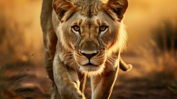 maestoso leonessa a piedi attraverso africano savana a crepuscolo foto