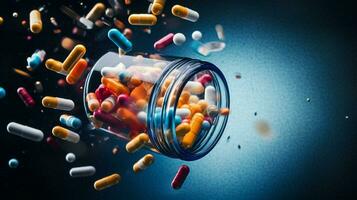 medicina bottiglia spargimento colorato pillole raffigurante dipendenza foto