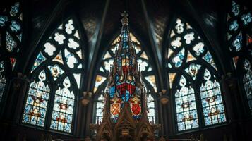 medievale cappella con Gotico architettura macchiato bicchiere foto